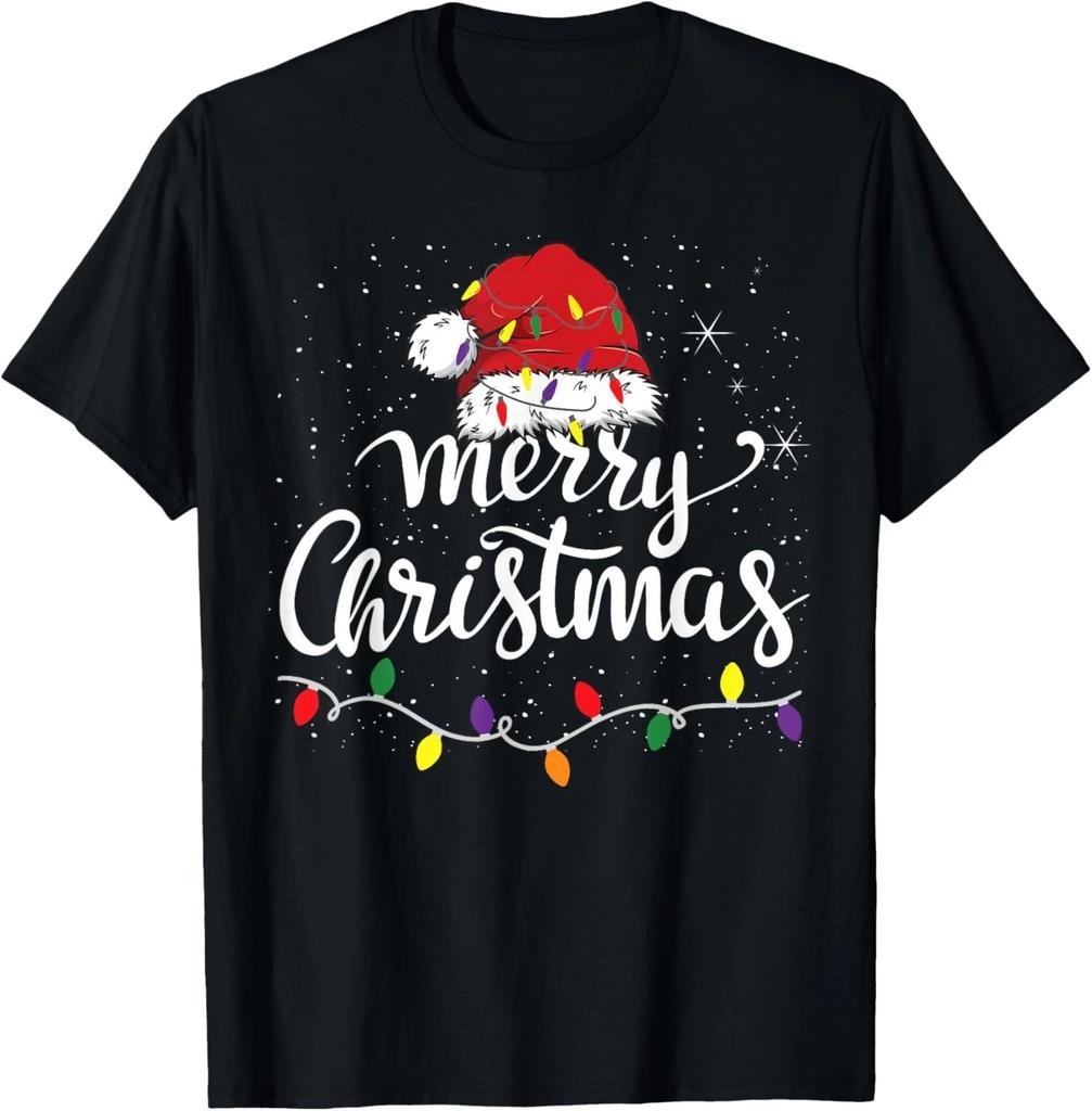 Merry Christmas Lights Red Santa Hat Xmas Family Men Women T- Shirt