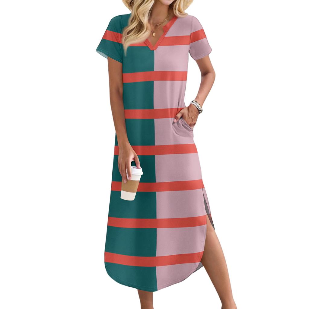 Women's Casual Comfortable V Neck Loose Hem Split Vacation Short Sleeve Striped Long Dresses