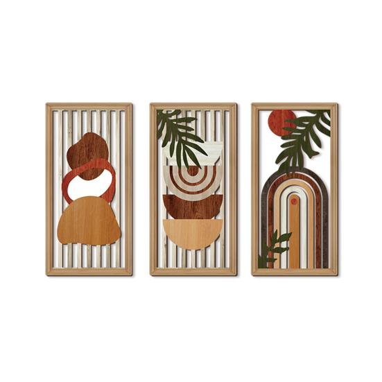 3 Pcs Boho Wood Wall Art Decor Minimalist Plants Geometric Hollow-out Hanging Ornament Abstract Wall Sculptures for Home Living Room Bedroom Kitchen