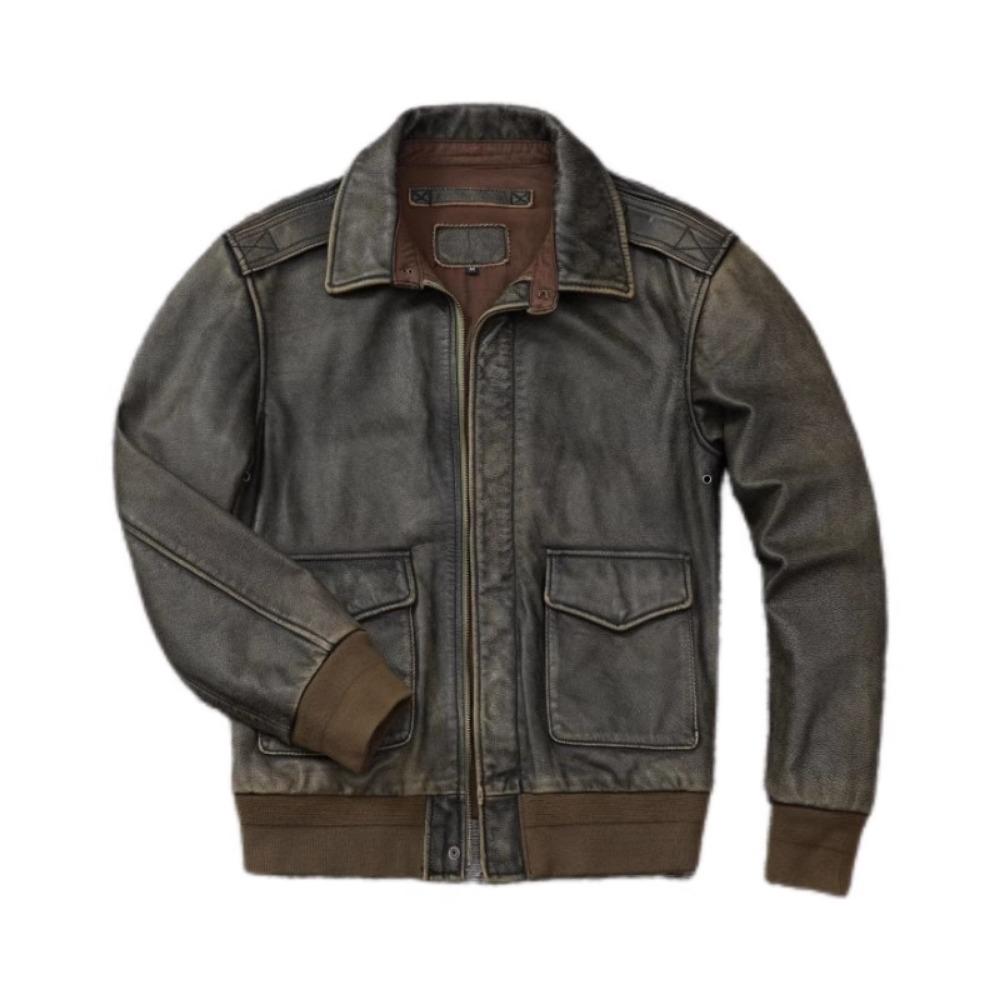 Chinese Size Classic Military A2 Air Force Leather Flight Jackets Vintage Stonewashed Cow Leather Jacket Men Soft Cowhide Mens Coat