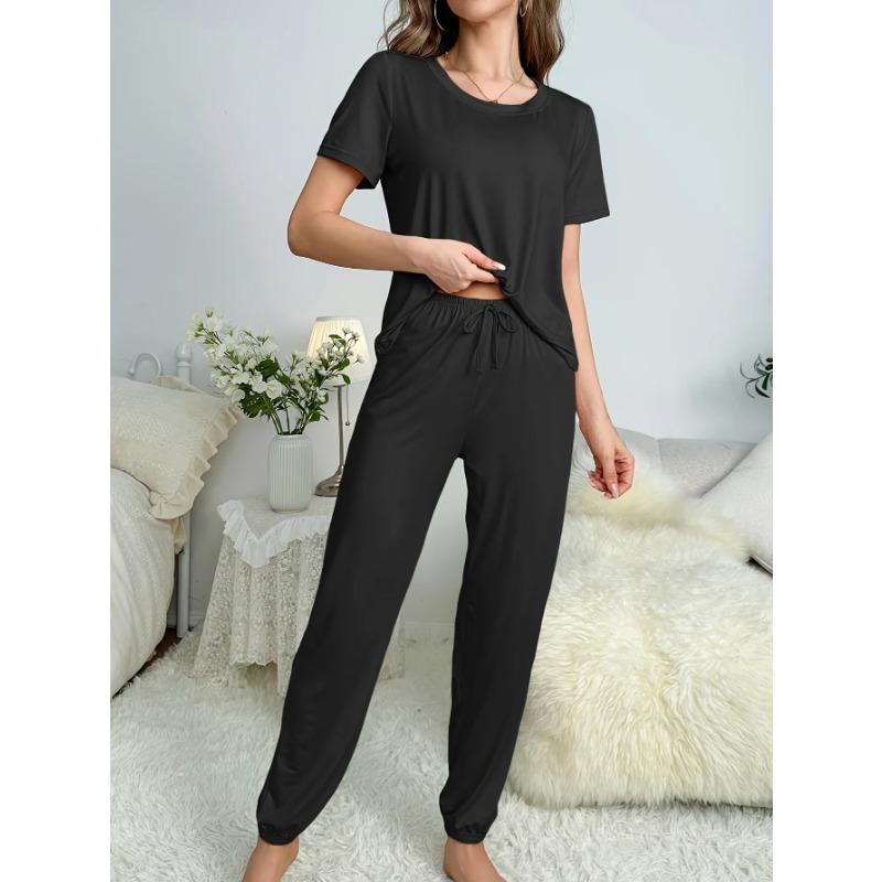 New Women's Solid Color Comfortable Casual Round Neck Top and Long Pants Pajama Set Women's Home Casual Pajama Set
