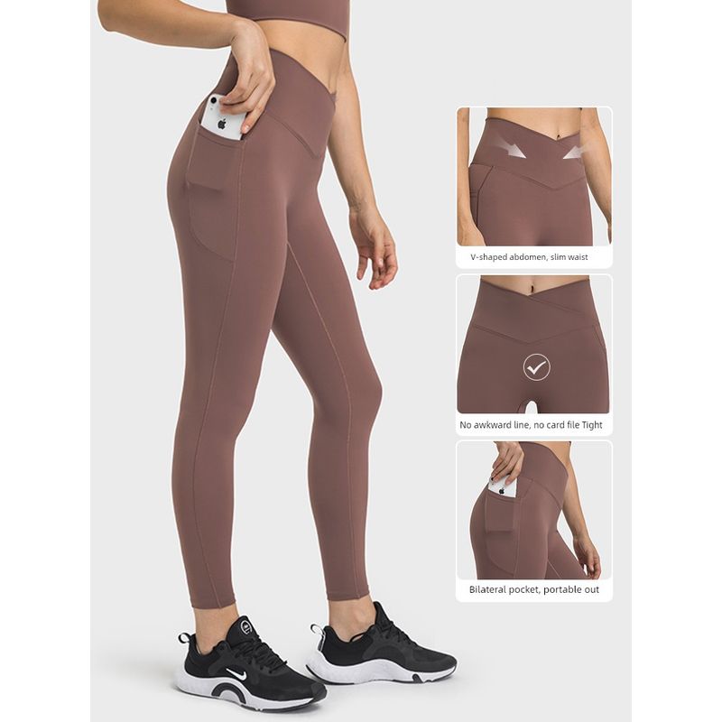 Original V-Shaped Cross Yoga Pants Women High Waist Buttock Lifting with Pockets No Curling Running Fitness Pants Women Outer Wear Quick-Drying