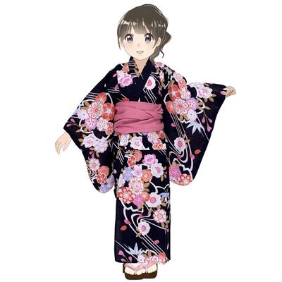 Muromachi Yukata Girls 100cm Set Yukata Set Heiko Obi Set Retro Pattern Navy Cherry Blossoms and Running Water Pink [Kyoto St. ] Children's "Black &