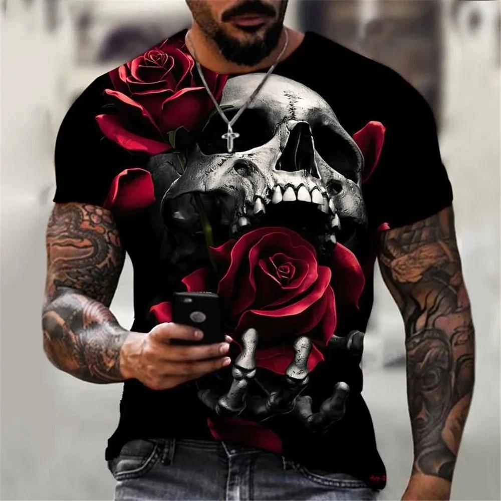 Men's Summer Skull Print T-Shirt Soft Breathable Round Neck Outdoor Street Style Casual Graphic Tee Comfort Top