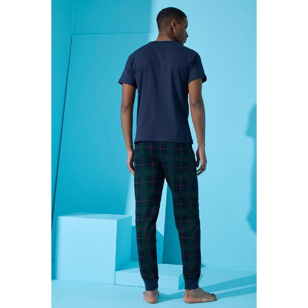 Marineblaues, kurzärmliges Herren-Pyjama-Set mit Urban-Print