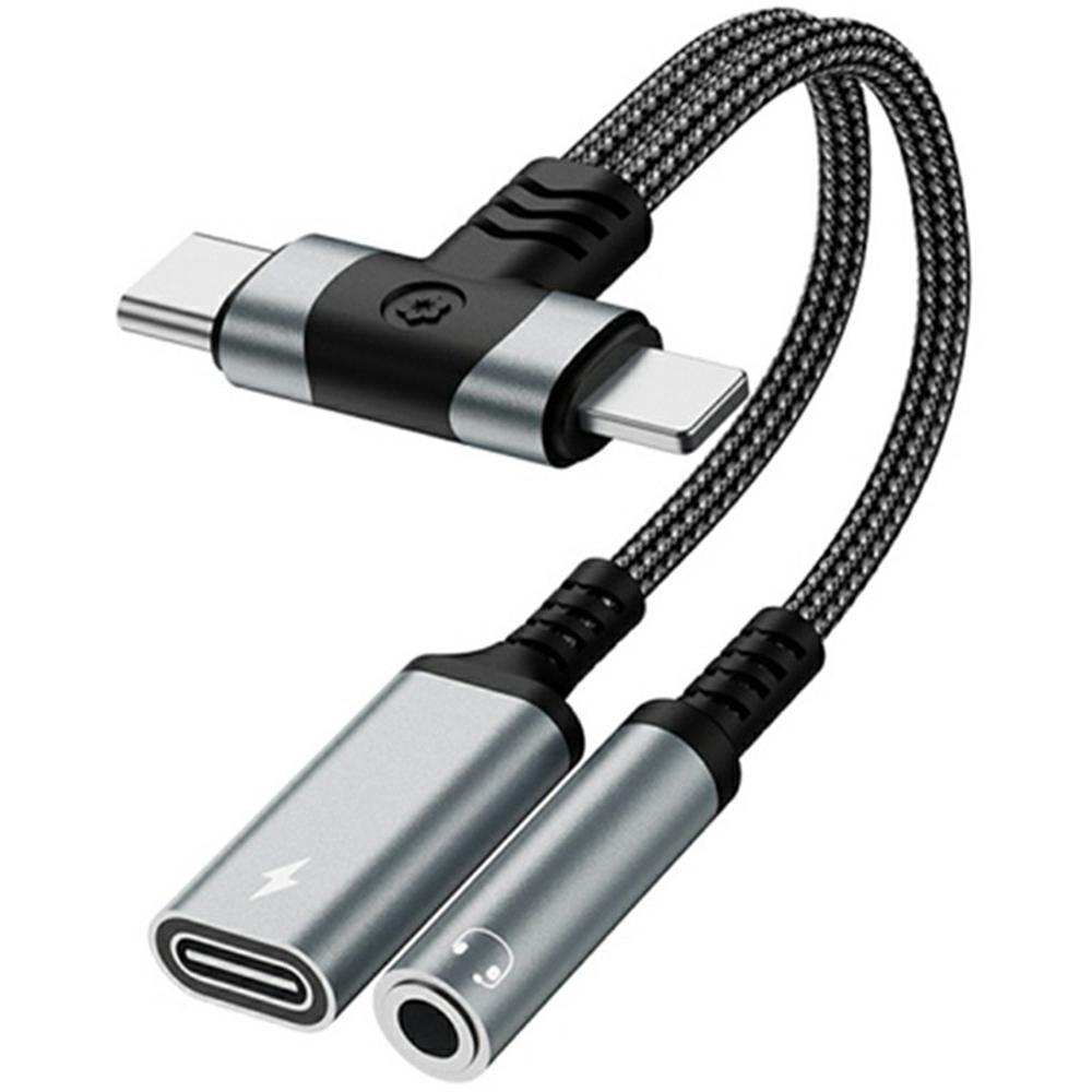 8 Pin/Type-C To Type-C+3.5mm Audio Converter Nylon Braided Cable Support 10W Fast Charging