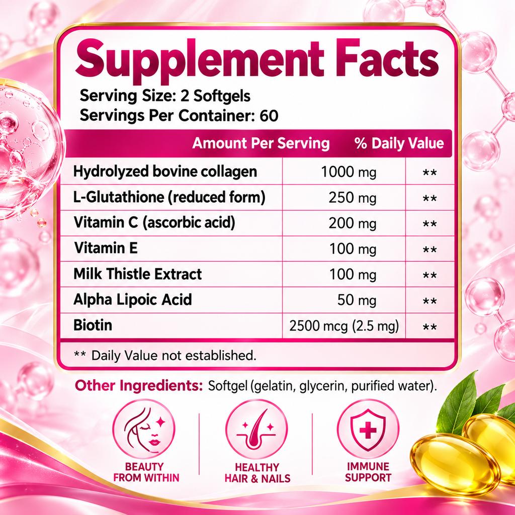 Multi-type collagen dietary supplement; contains collagen types I, II, III, V, and X; 2500mg content; suitable for adults.