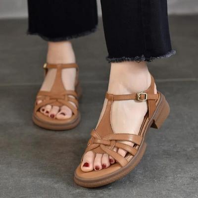 Genuine Leather Horse Leather Women's Sandals Leisure Hollow Low Heel Soft Sole Versatile Roman Shoes