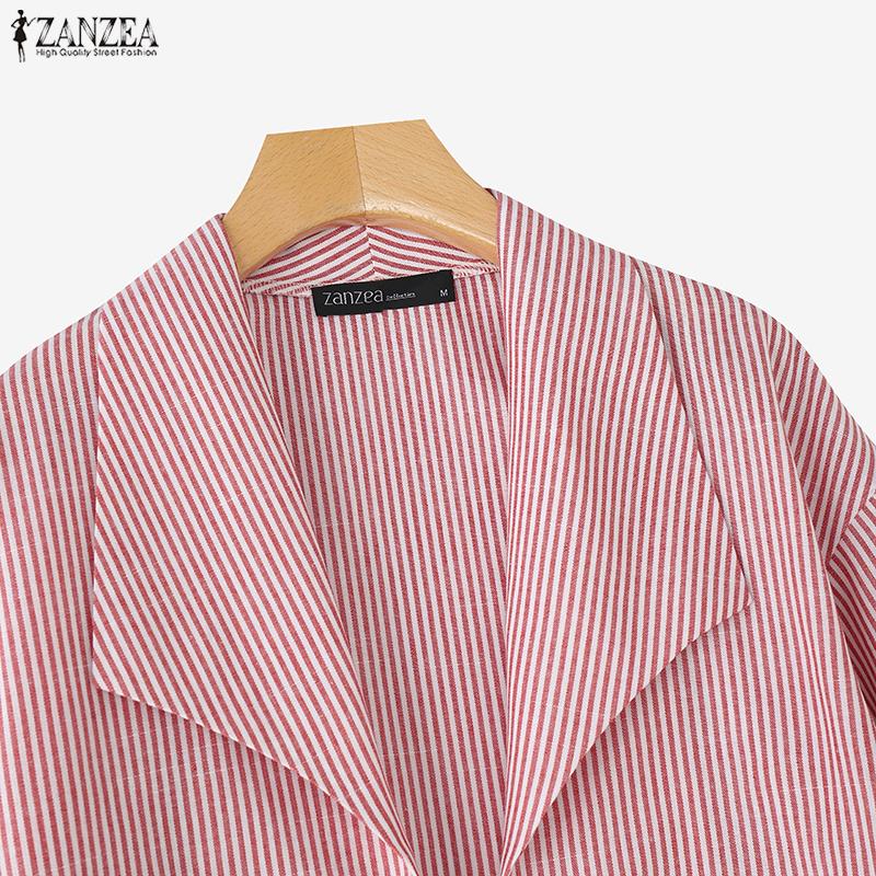 ZANZEA Women Casual Turn Down Collar Long Sleeve Stripe Print Cardigan Blouse
