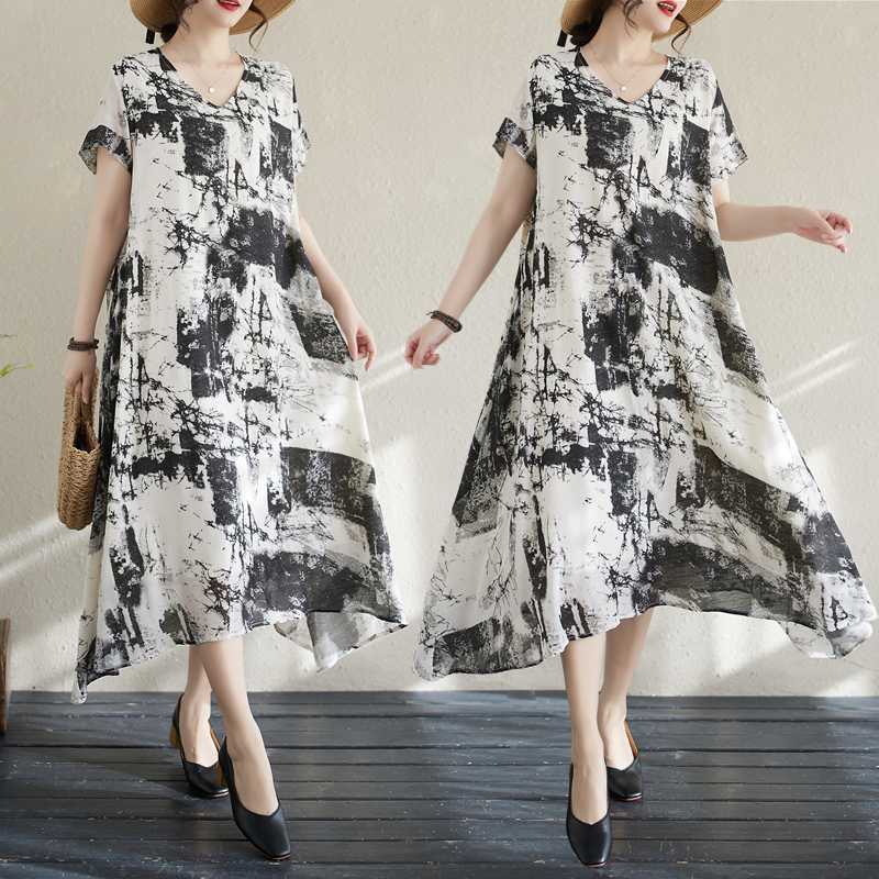 

Cotton and Linen V-neck Irregular Printed Long Skirt M