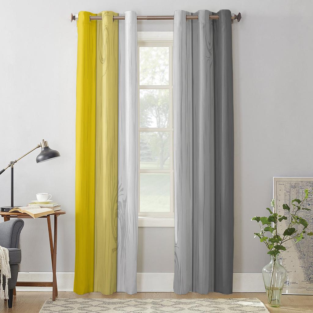 Window Curtains for Living Room Retro Yellow Gray Gradient Wood Grain Curtains for Child Bedroom Kitchen Decor Blinds Drapes