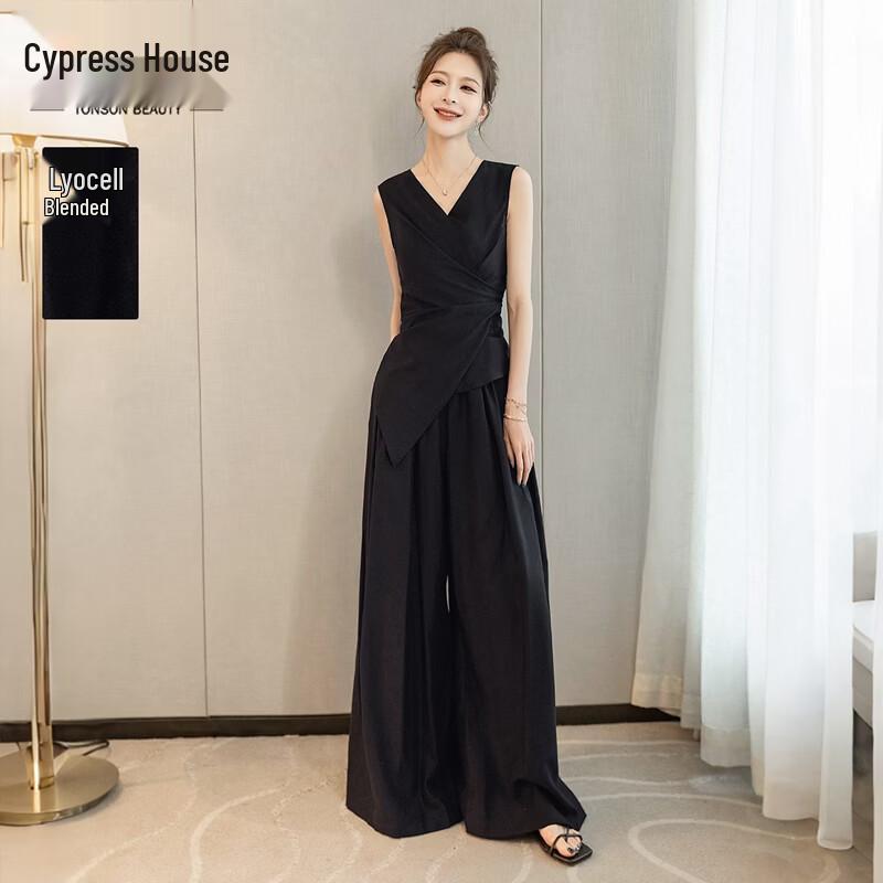 Женский костюм: жилет из тенсела для офиса и широкие брюки L чёрный