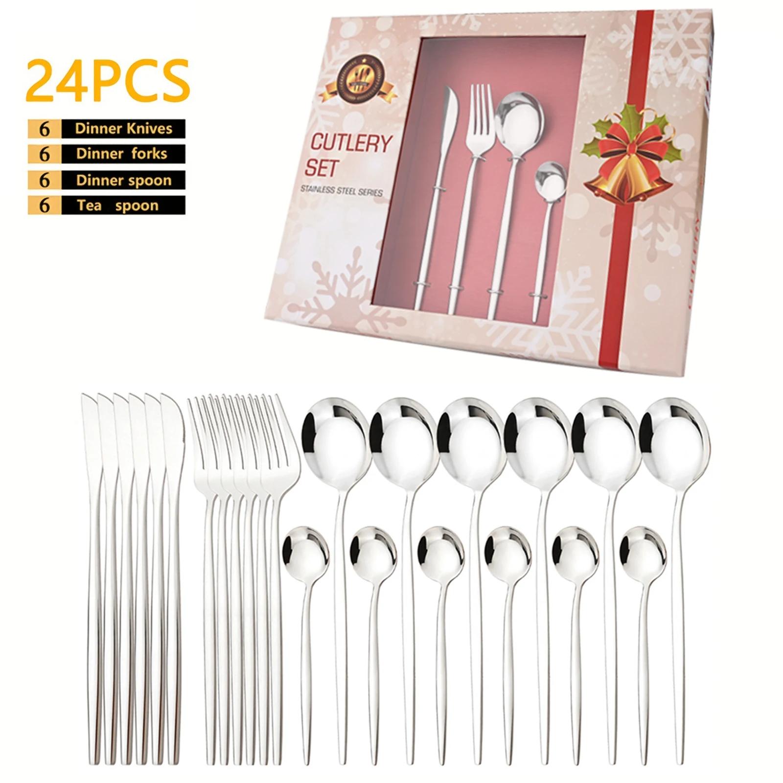 

24 шт. элегантный набор столовых приборов из нержавеющей стали золотого цвета классический нож вилка и ложка подарочный набор зеркальная полировка 6 персон можно мыть в посудомоечной машине