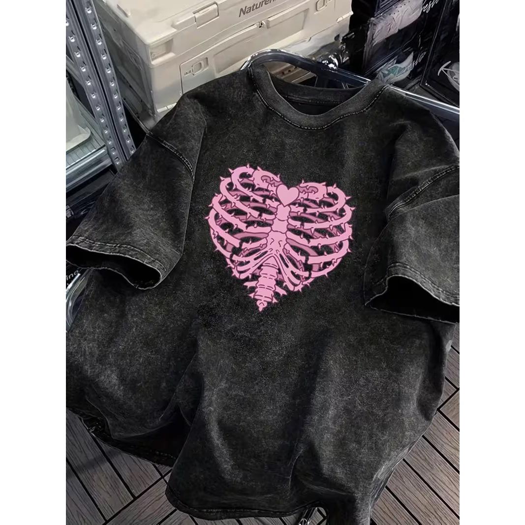 

Love Skull Printed Tshirt Pink Thorn Printed Daily Casual Round Neck Tshirt Retro Washed Tshirt Unisex Womens and Mens Top S