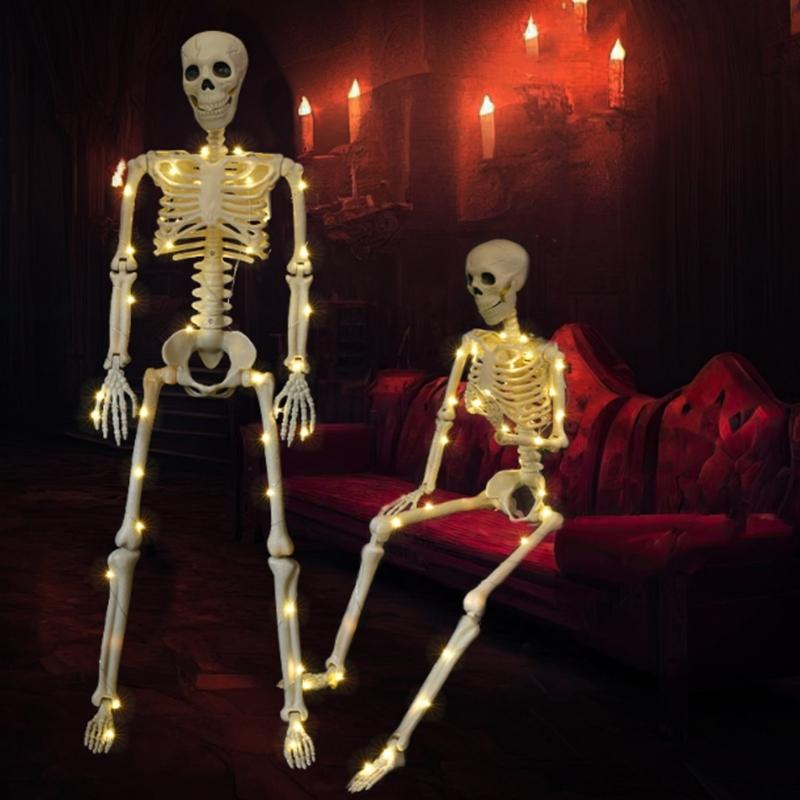 Poseable Full Body Human Skeleton Decors Haunting Halloween Party Skeleton with LED Green Lights for Scary Atmosphere