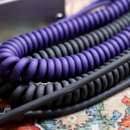 6m Guitar Coiled Cable with Bass Shield, L-S Type, 6.35mm Stereo Plug, Pancake Connector, Instrument Cable (Purple)