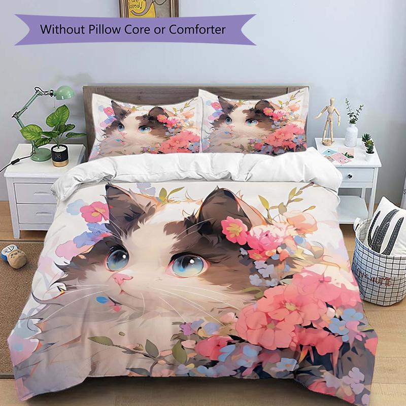 3pcs Artistic Appealing Cat & Flowers Print Bedding Set (1 Cover + 2 Pillowcases, Without Inserts), This Printed Bedding Set is Soft and