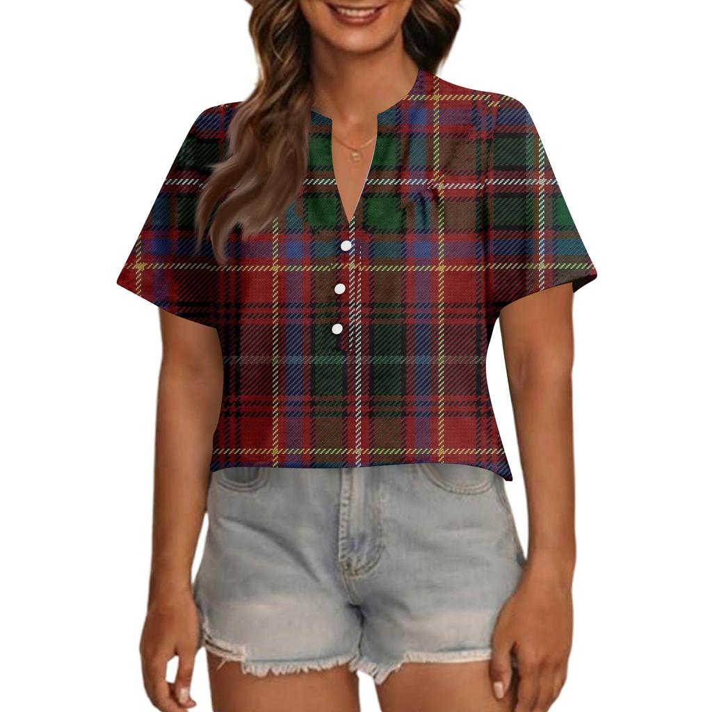 Women's Fashionable Casual V Neck Button Up Oversized Short Sleeve Printed Top