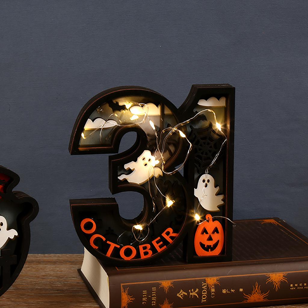 Wooden Halloween Decorative Night Light Sign with 3D Carved Pumpkin Ghost and Haunted House Design for Seasonal Indoor Display