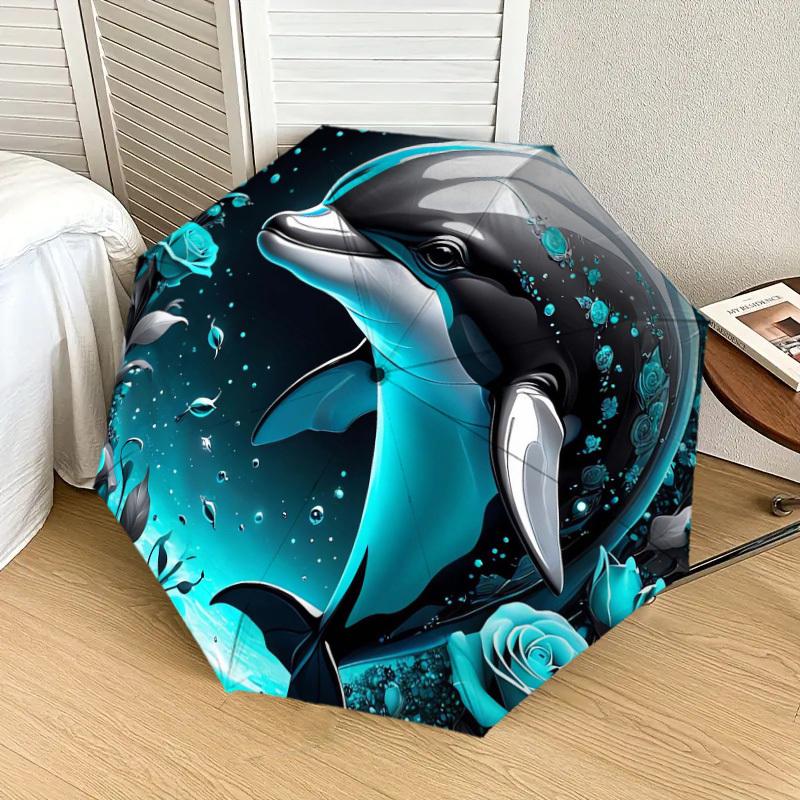1pc Oceanic Dreams: Dolphin & Blue Roses Umbrella with Plastic Handle,Suitable for All Seasons Home Travel Outdoor UmbrellaDD348