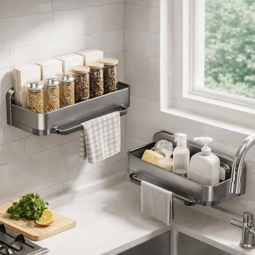 Wall Mounted Sink Sponge Holder Punch Free Soap Drainer Towel Rack Rag Drainage Rack  Kitchen