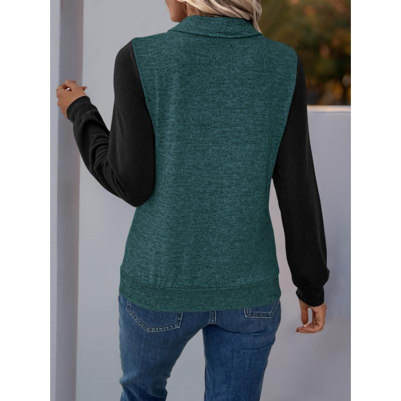 YYFS Women's Fashion Casual Spring Autumn Colour Block Print Long Sleeve POLO Neck Blouses & Shirts