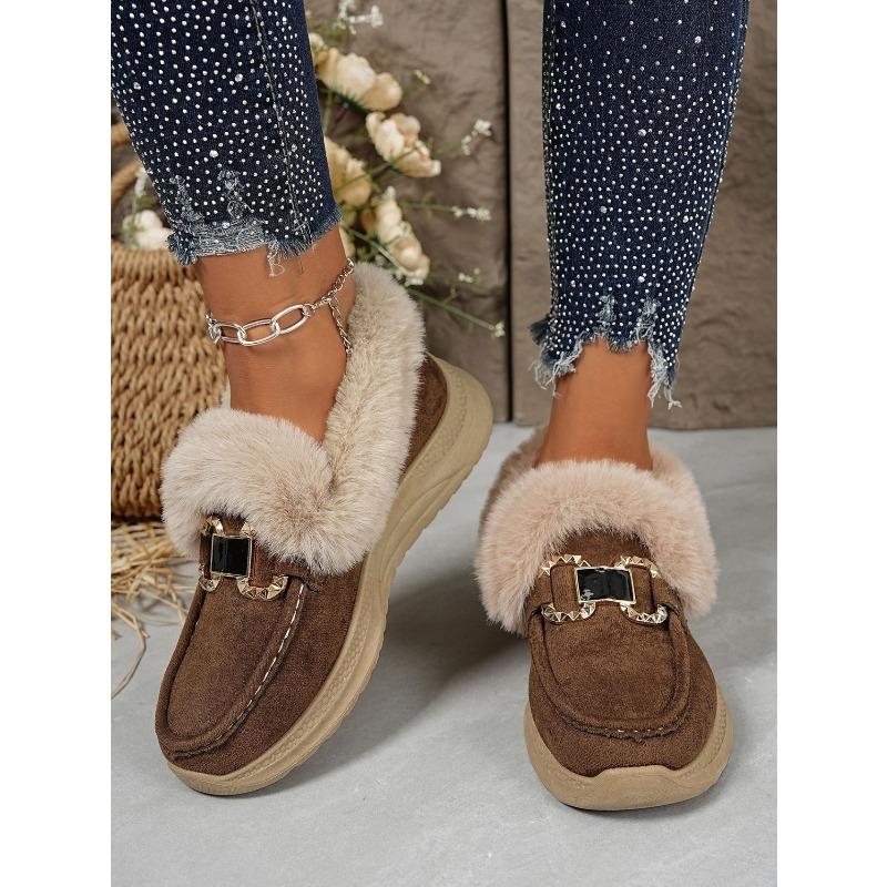 Winter New Metal Buckle Fleece Cotton Shoes Women's 2025 Plus-size Thick-soled Warm Fur Sneakers