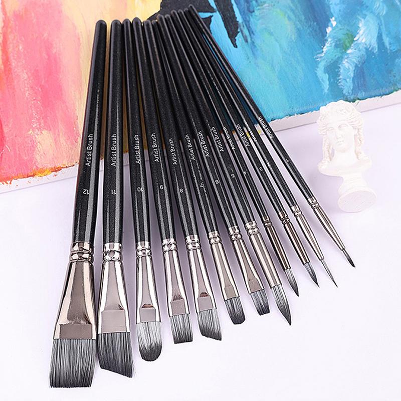 12Pcs Wooden Poles Nylon Hair Face Painting Body Painting Brushes Oil Painting Acrylic Watercolor Painting Pen Set