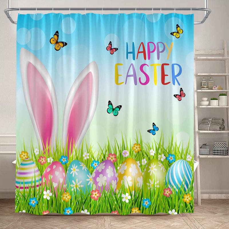 Funny Bunny Easter Shower Curtains Butterfly Watercolour Floral Rabbit Eggs Rustic Fabric Home Bathroom Curtain Decor With Hooks
