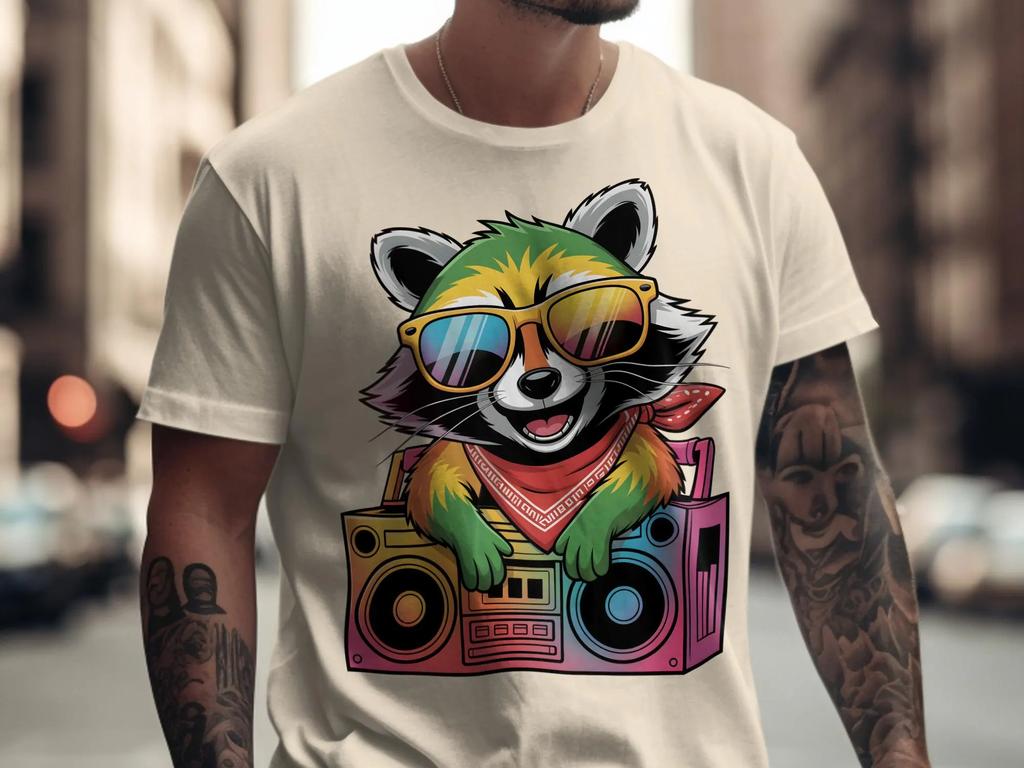 Cool Raccoon Tshirt Audio Pattern  Fun Animal Tshirt 80s Retro Style A Gift for Music Lovers Raccoon Enthusiast Tshirt