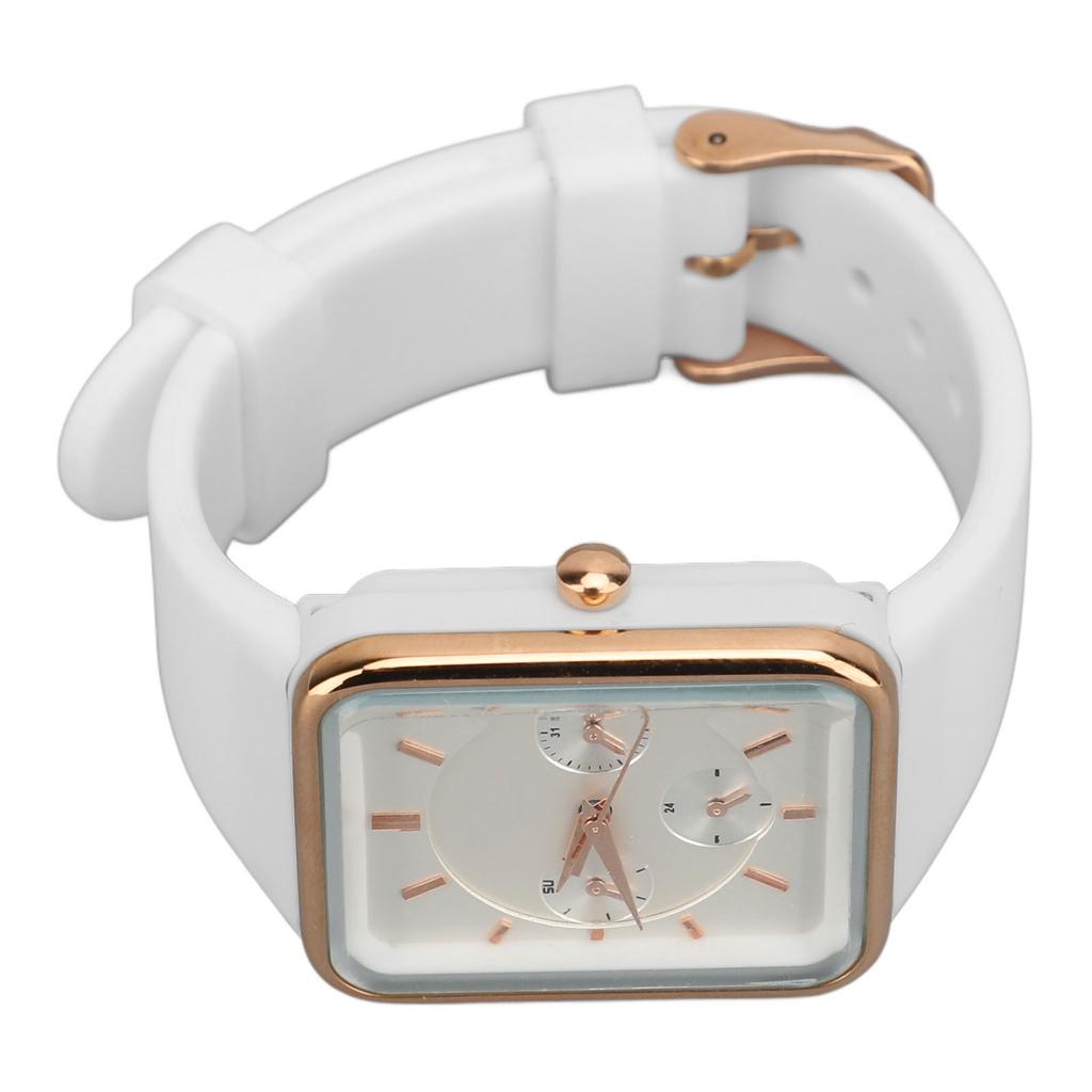 Women Quartz Wrist Watch 3 Sub Dials Water Proof Chronograph Analog Watch Silicone Strap Date Calendar White Rose Gold