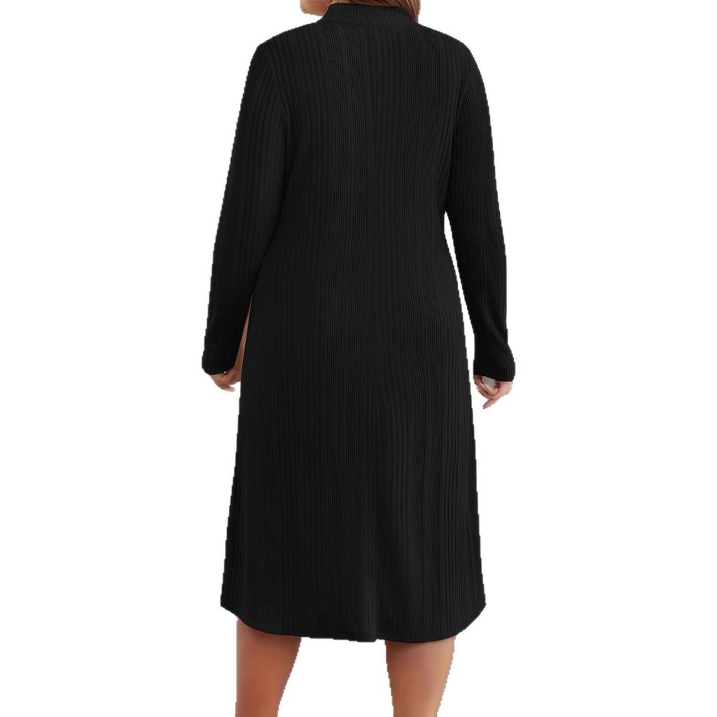 2025 Autumn/Winter European Plus Size Women's Round Neck Zippered Striped Dress