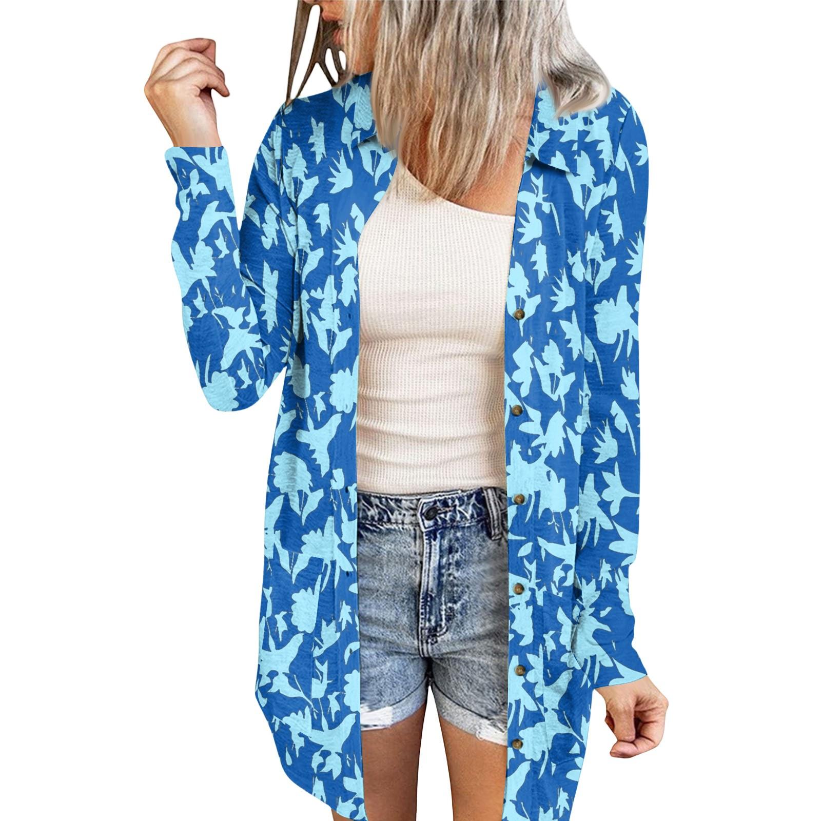 

Женский повседневный модный кардиган-жакет средней длины с длинными рукавами и цветочным принтом S синий