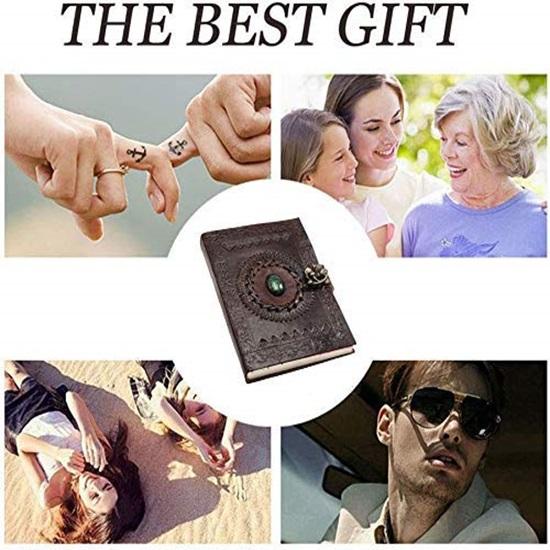 Diář z pravé kůže se zeleným kamenem, hnědý, s ražbou, ručně vyráběný, s kovovým zámkem