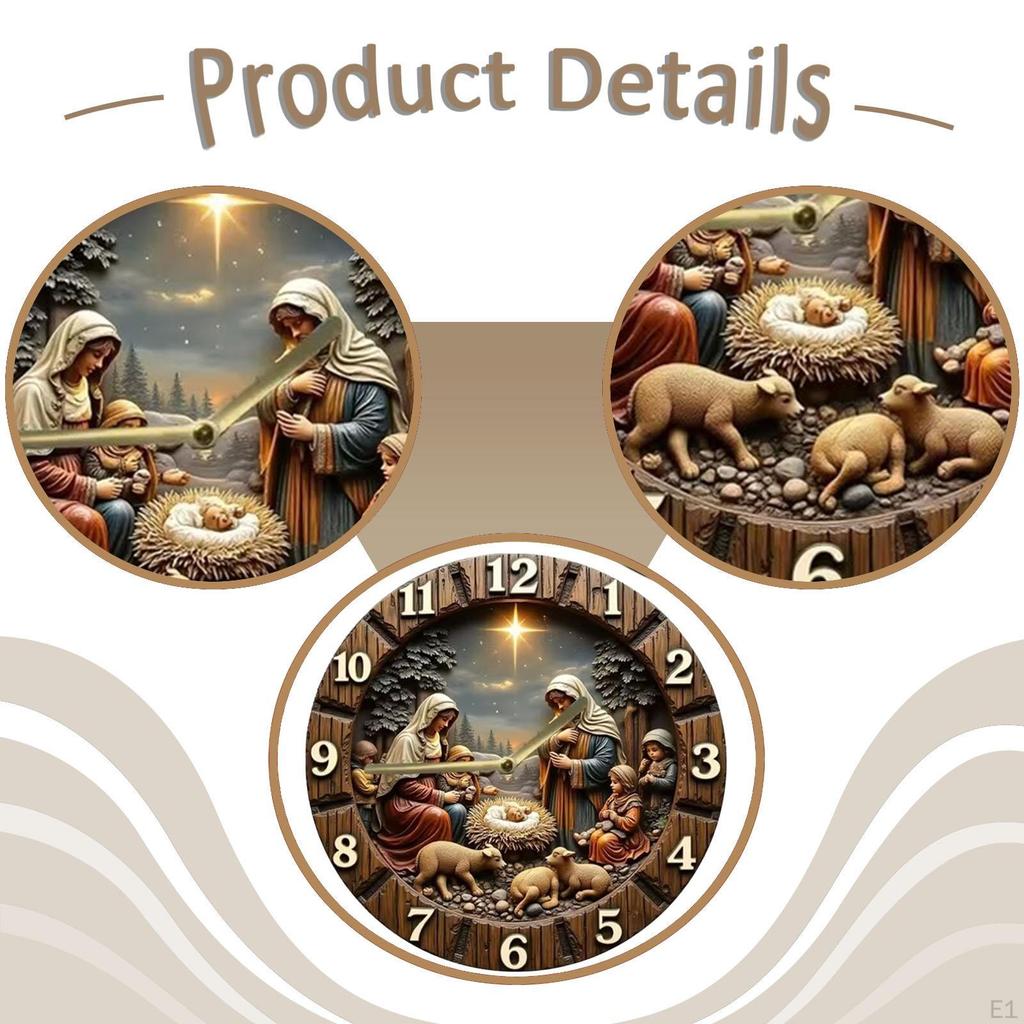Nativity Scene Wall Clock Arabic Numerals Decorative Religious Easy Read Wood Birth of Jesus