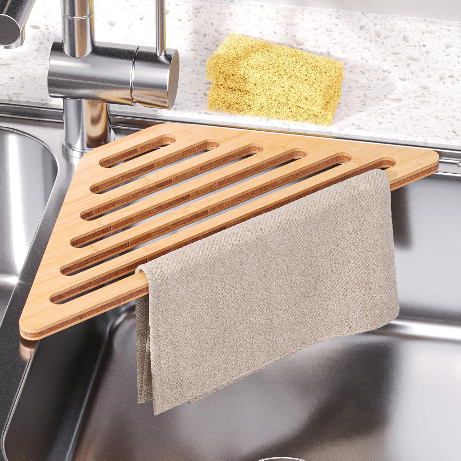 Dish Drying Rack for Sink Corner,Over The Sink Bamboo Dish Drainer Drying Rack,Dish Drainer Mat for Kitchen,Sink Accessories(Natural)