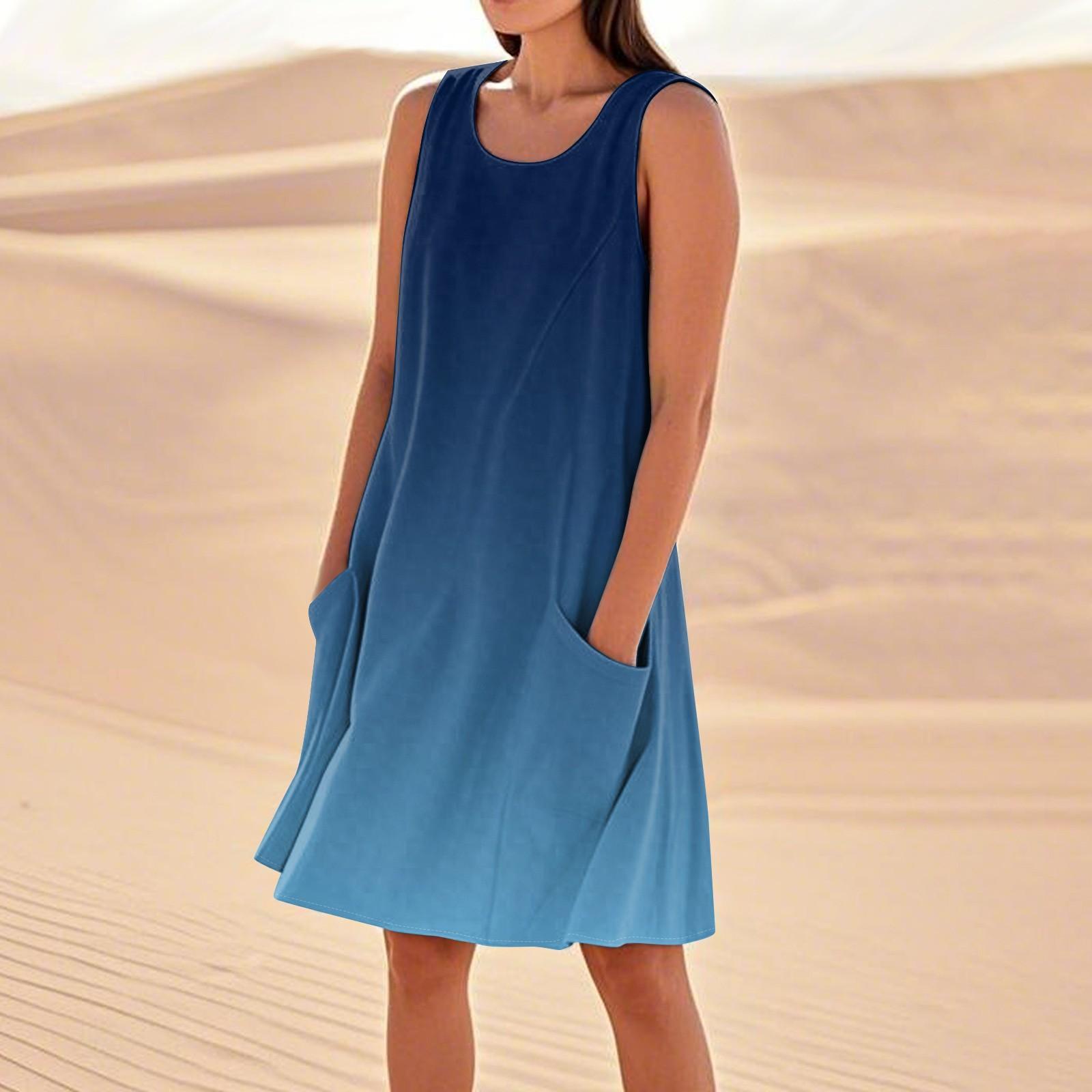 

Летние платья для женщин, свободные пляжные повседневные сарафаны без рукавов с карманами, платье-майка L синий