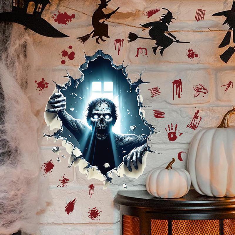 Halloween 3D Effect Wall-Breaking Horror Zombies Climbing Window Wall Stickers Waterproof And Oil-Proof Stickers Removable
