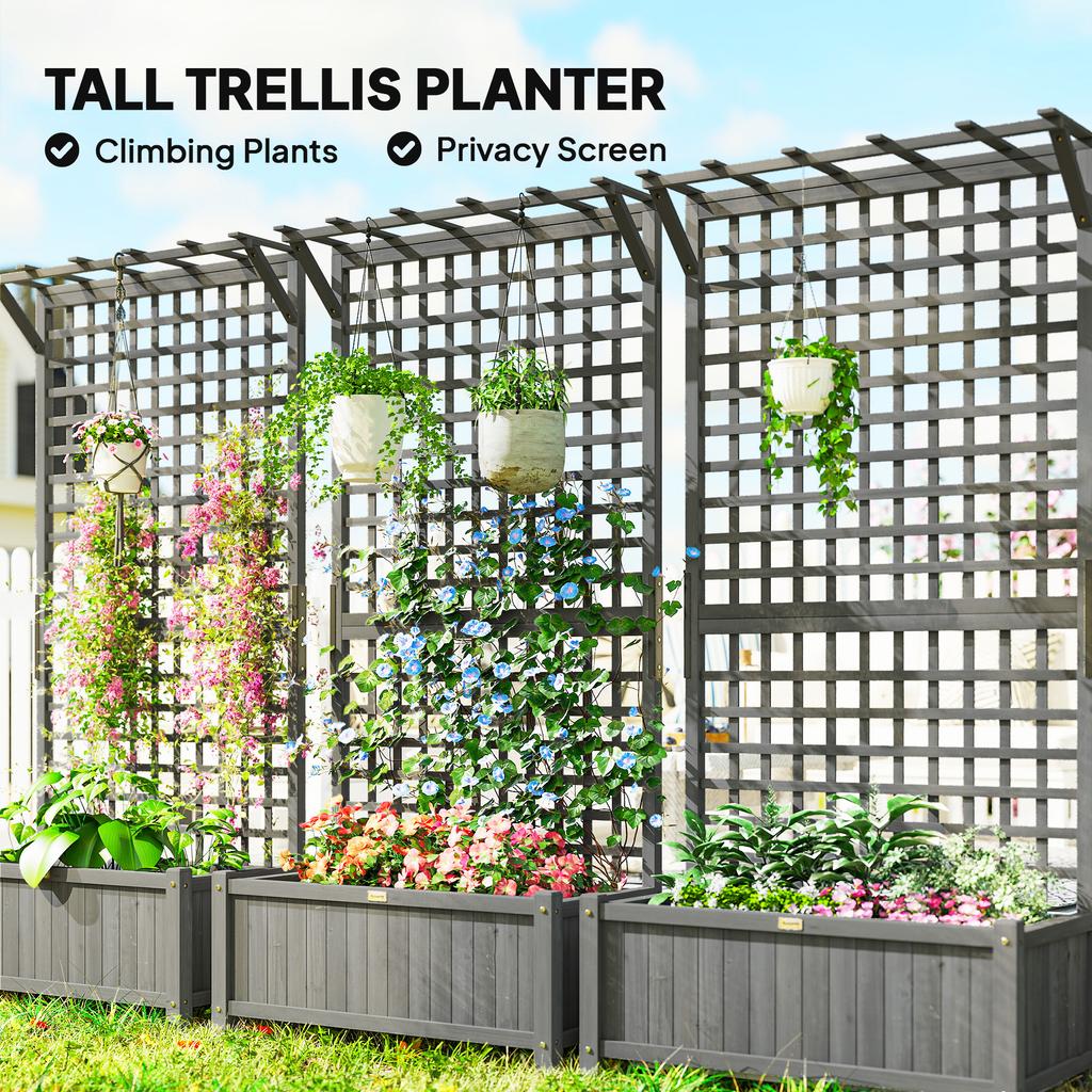 Raised Bed with Drainage Holes, Wood Planter with Trellis for Climbing Plants To Grow Vegetables, Flowers, Dark Grey