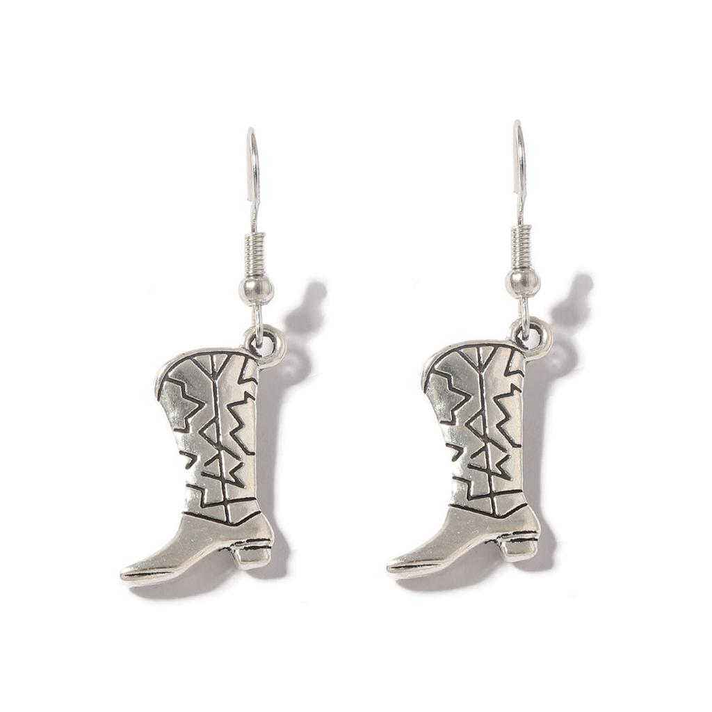 Accessories Western Cowboy Punk Vintage Antique Silver Alloy Boots Earrings Ear Hooks, Niche Women
