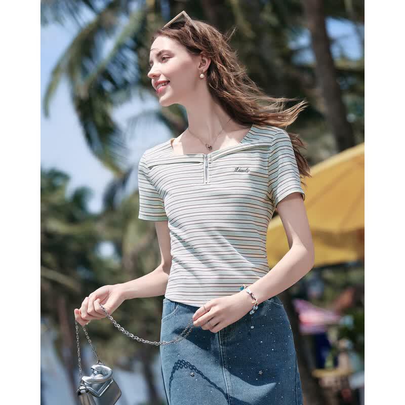 BETU Women's Square Neck Striped Slim-Fit Short Sleeve T-Shirt
