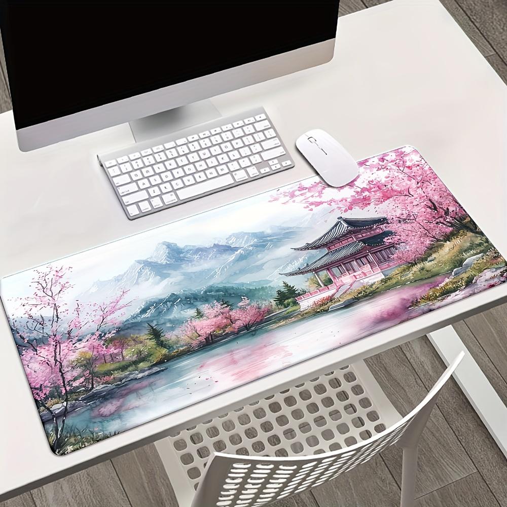 Extra Large Peach Blossom Cherry Landscape Mouse Pad Traditional Asian Architecture Rubber Desk Mat 300x800x2mm