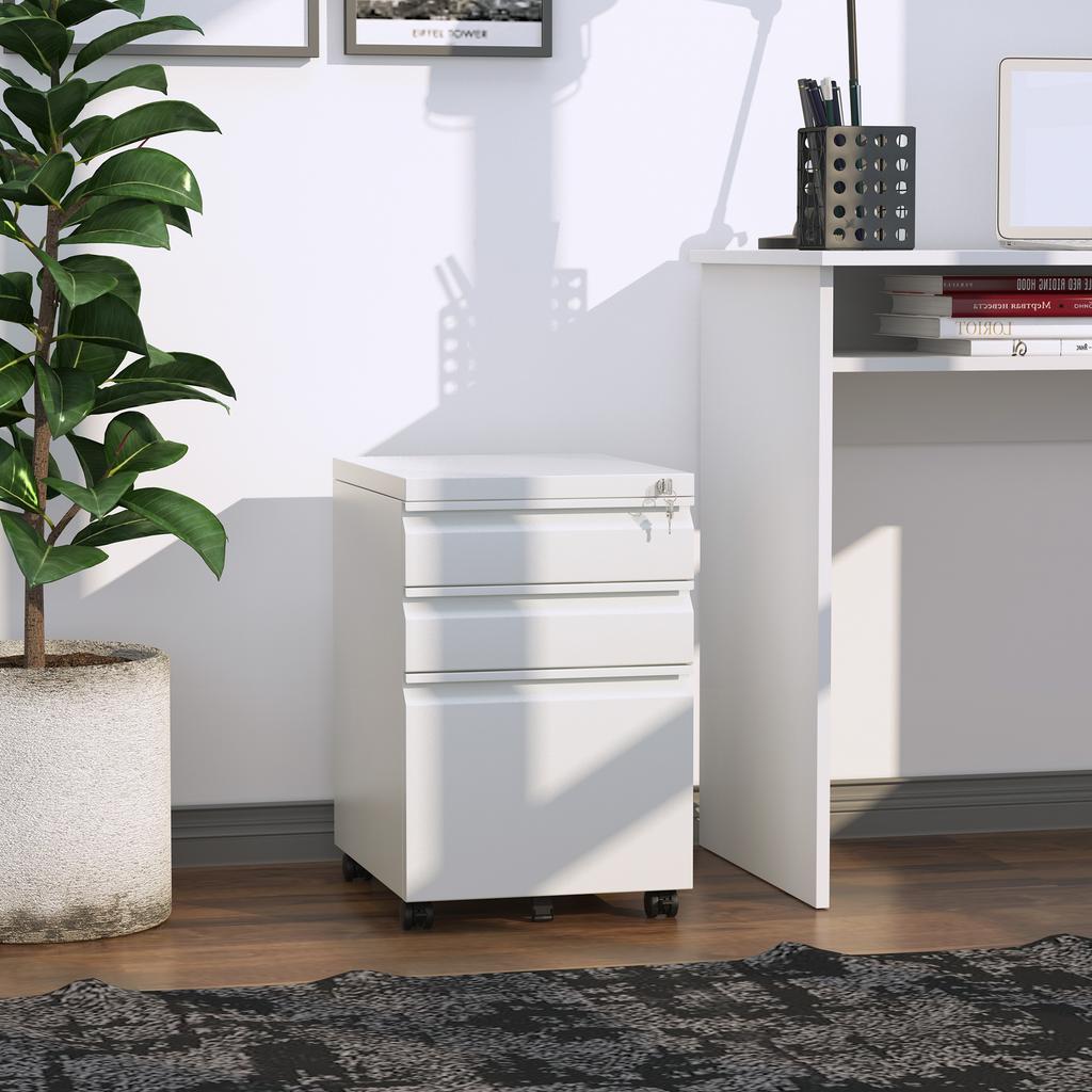 3 Drawer Filling Cabinet, Mobile Metal File Cabinet with Anti-tilt Design for Letter, A4, Legal Size, White