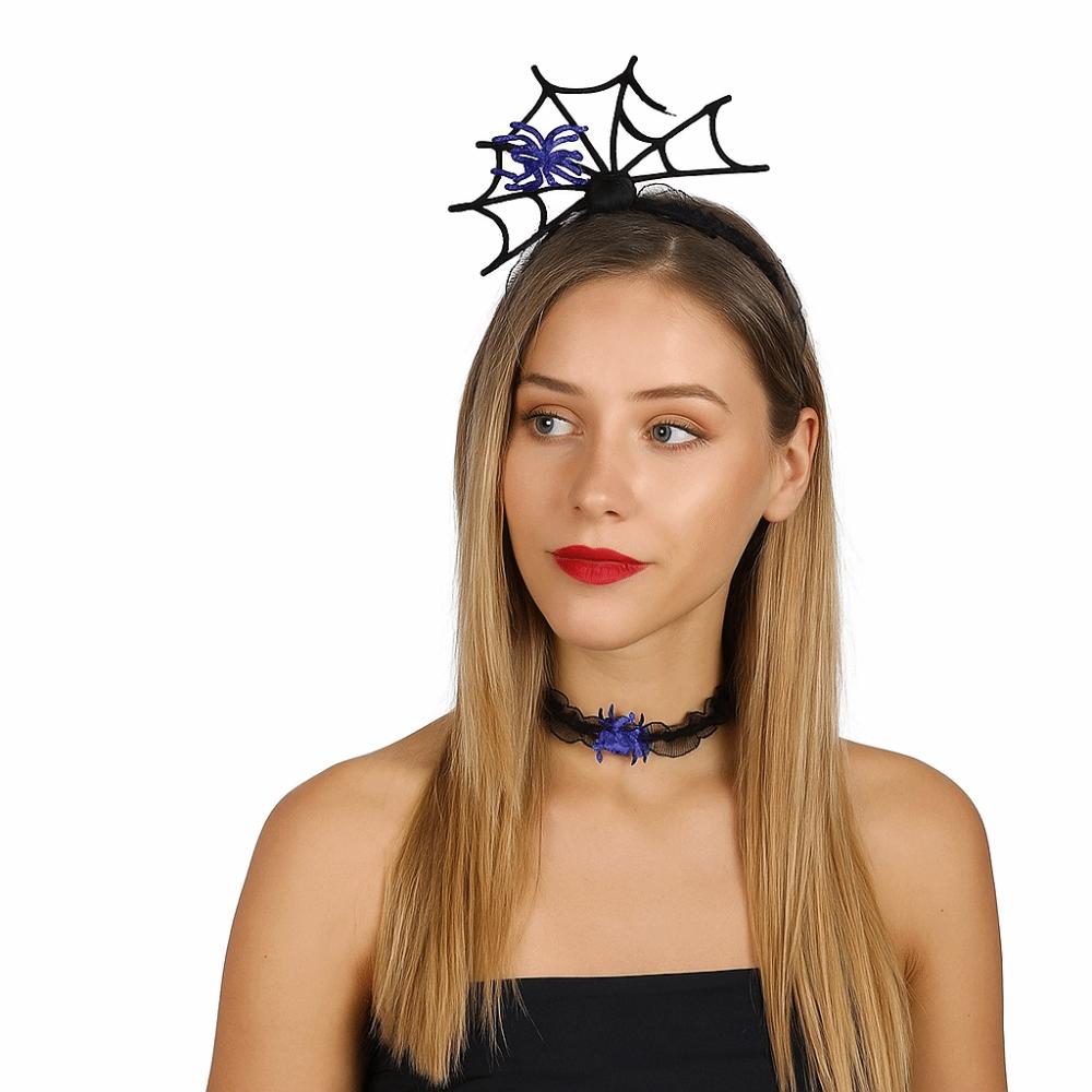 Mesh Hairband Necklace Set Ruffles Spider Web Hairband Personality Halloween Headband Ladies