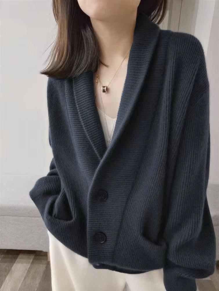 Women's High-End V-Neck Wool Cardigan - Thick, Loose, Trendy Sweater Coat for Autumn/Winter Fashion