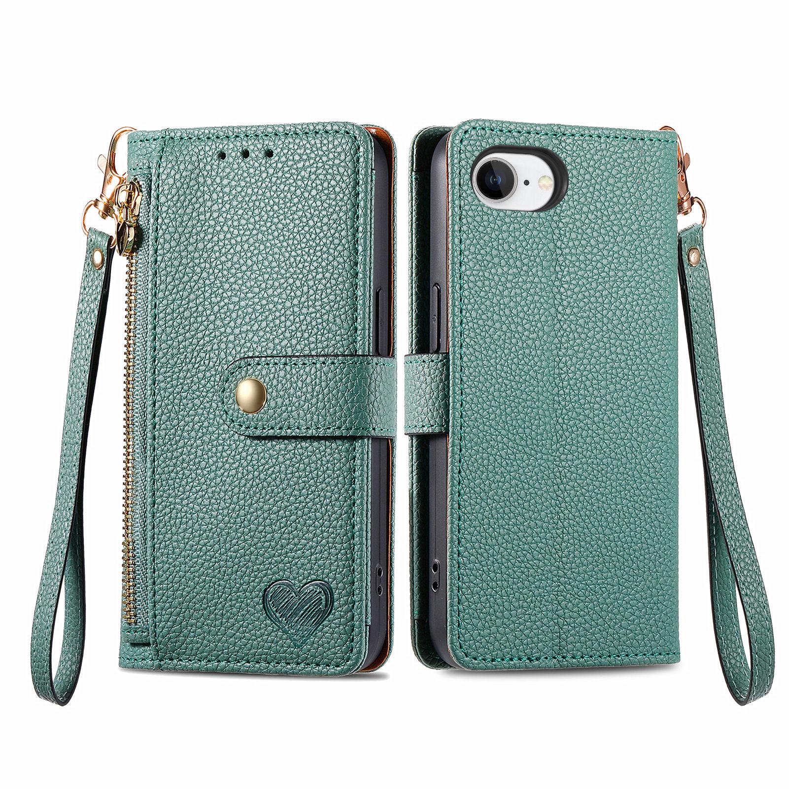 

For iPhone 16e Case RFID Blocking Zipper Pocket Leather Wallet Phone Cover with Strap Green