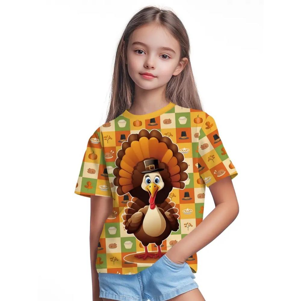 Girls' Clothing Thanksgiving Turkey 3D Printed Short Sleeved T-shirt Casual Holiday Cartoon Boy T-shirt Summer Children's Top