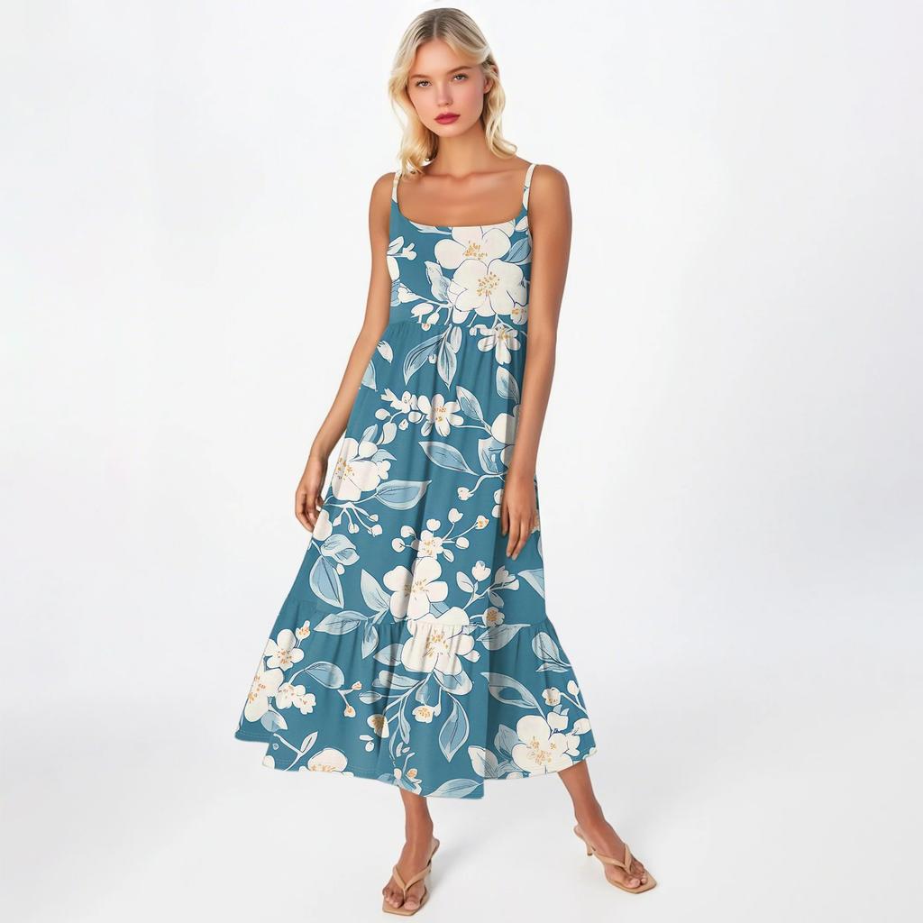 Damska Długa Plażowa Codzienna Elegancka Sukienka Maxi na Cienkich Ramiączkach, Szyta, Subtelna, Zwiewna Sukienka w Stylu Boho