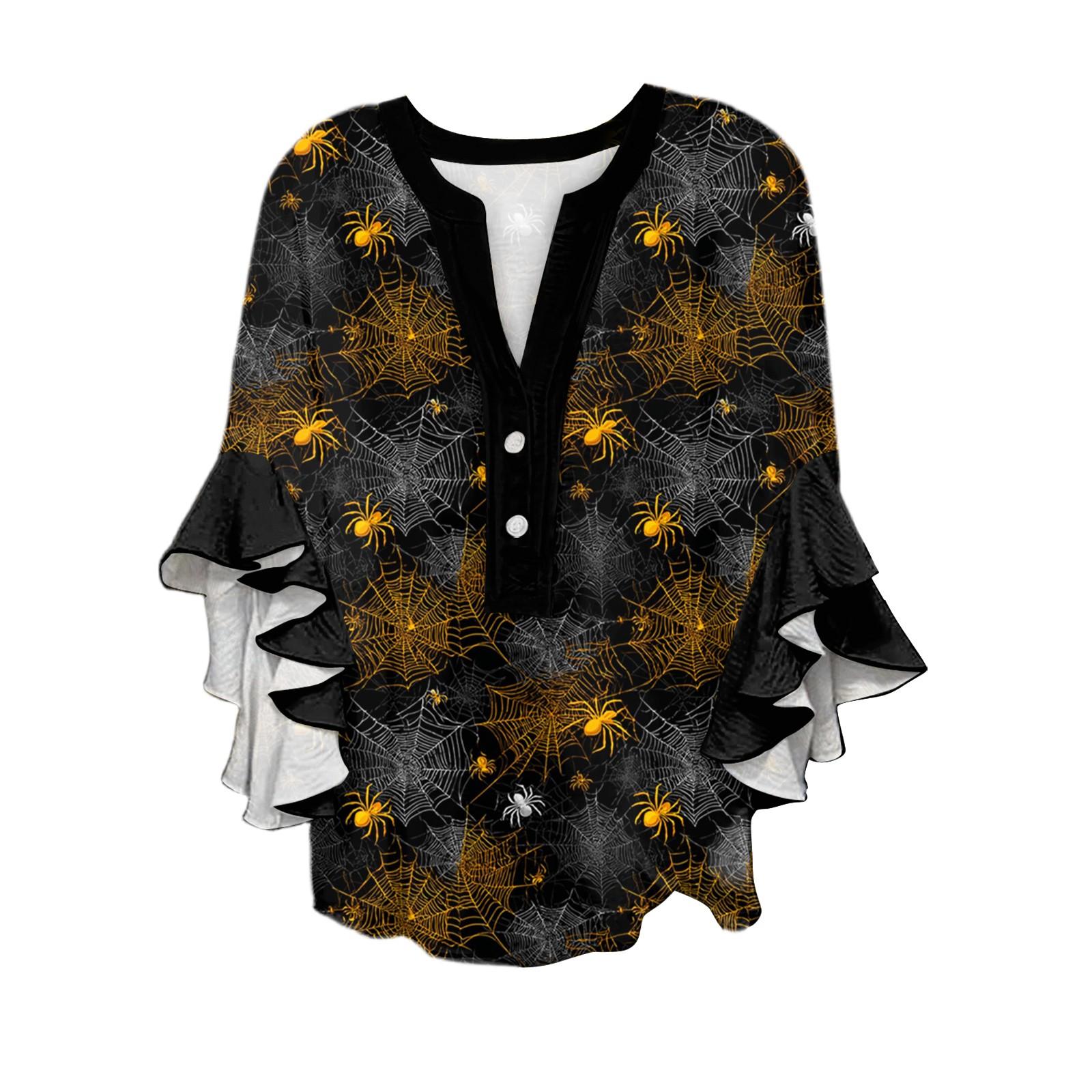 

Women s V-neck Seven Quarter Sleeved Shirt Halloween Printed Top Casual Shirt S золотой