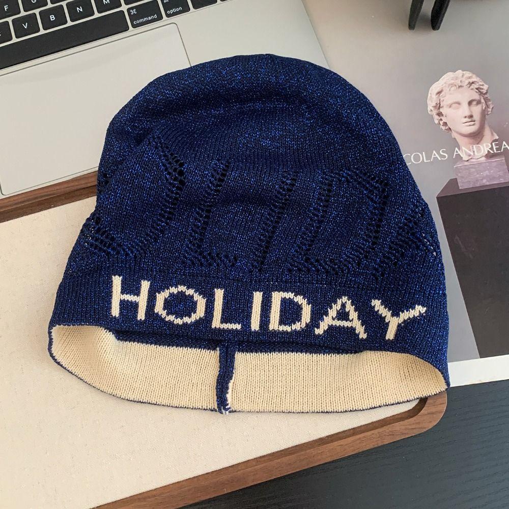 Vintage Letter Beanie Hat Hollow Knitted Pullover Hat Fashion Sequin Knitted Hat  Winter